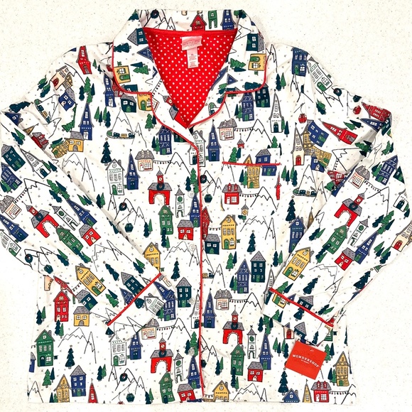 NWT Snow Skiing Village Flannel Pajama Set ❄️ Lounge Pants w/ Pockets & LS Shirt - Picture 2 of 16